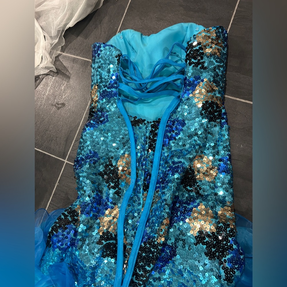 Blue Sequin Strapless Gown - Picture 5 of 8